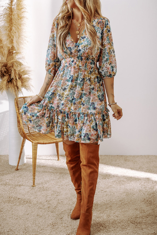 Floral 3/4 Sleeve V-Neck High Waist Ruffle Dress - Image 3
