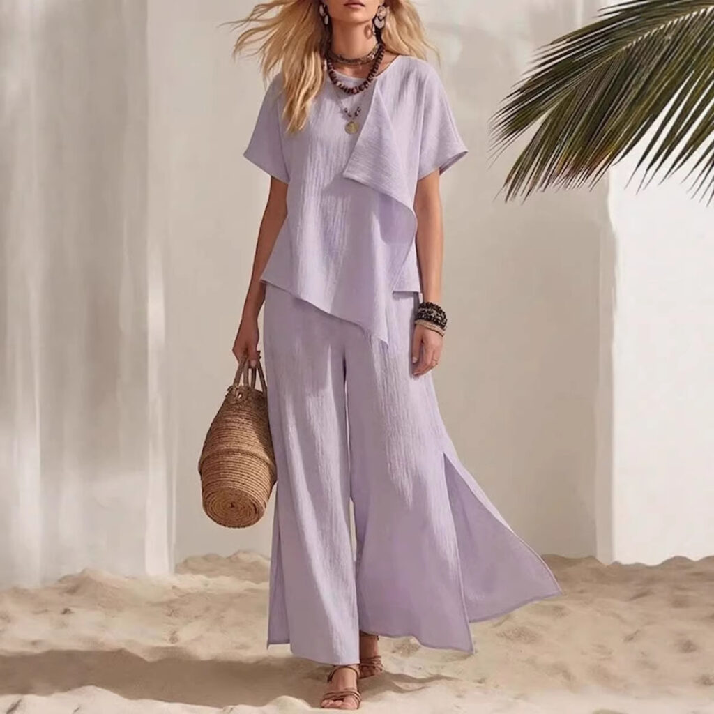 Casual Asymmetrical Short-sleeve Top And Slit Wide-leg Pants Set