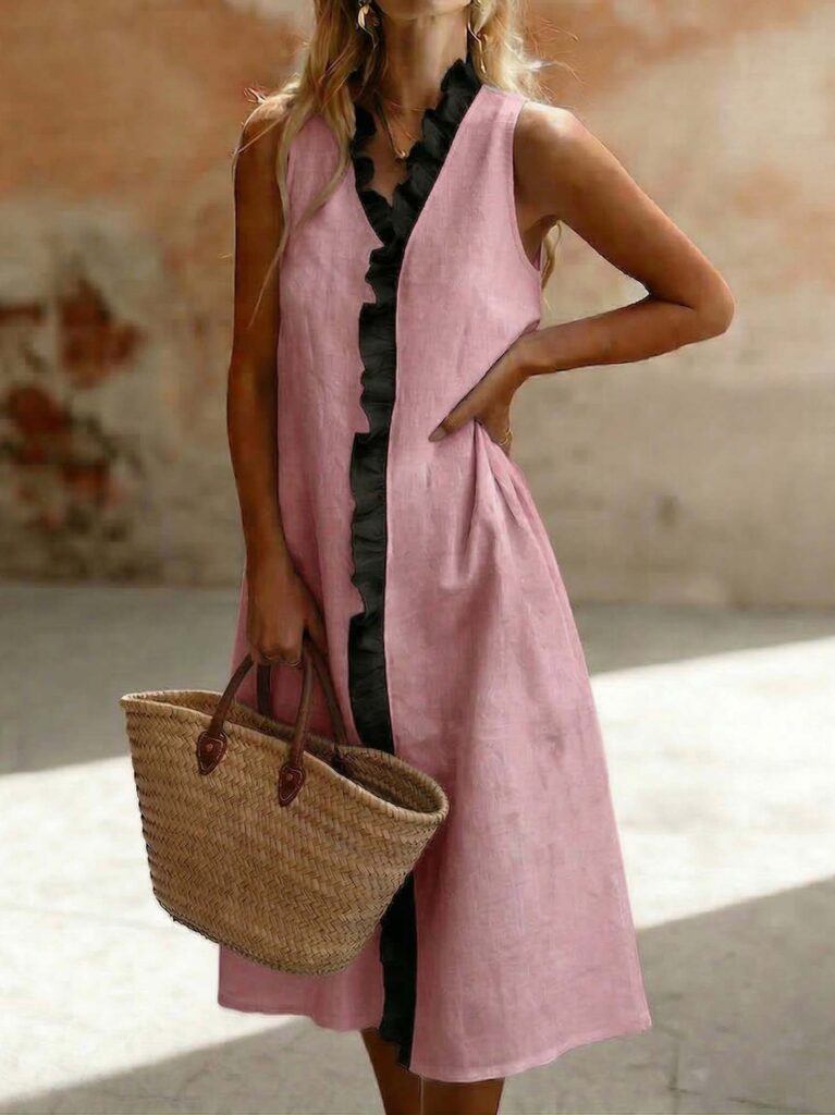 Lapel-trimmed Sleeveless Cotton-linen Midi Dress
