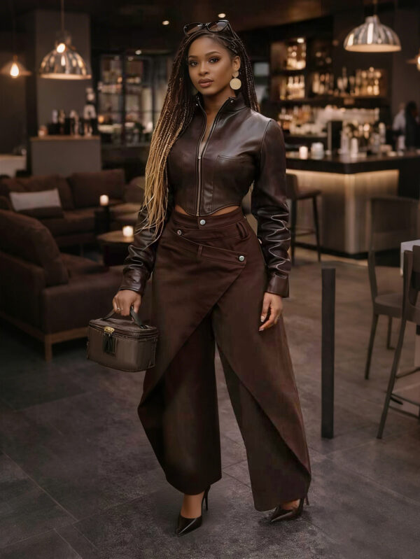 Retro High-waisted Cross-over Metal Buckle Irregular Wide-leg Pants - Image 5