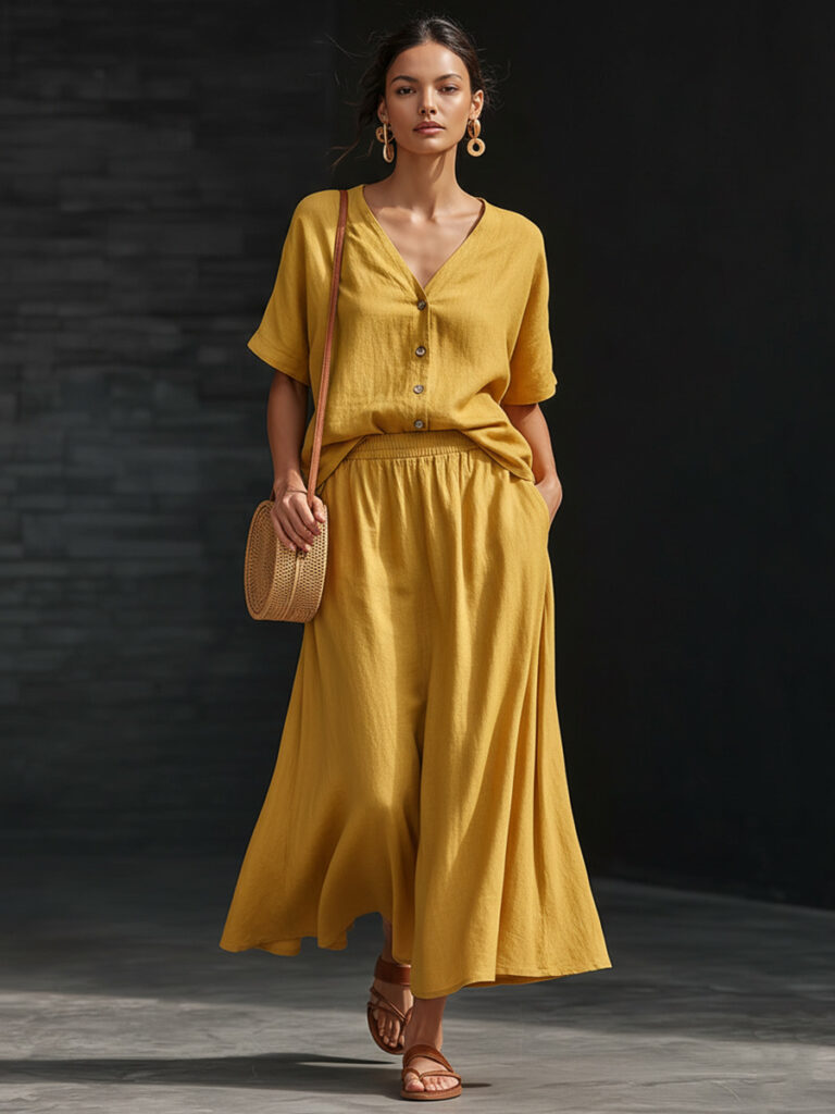 Cotton-linen V-neck Button-up Short-sleeve Top And Skirt Set