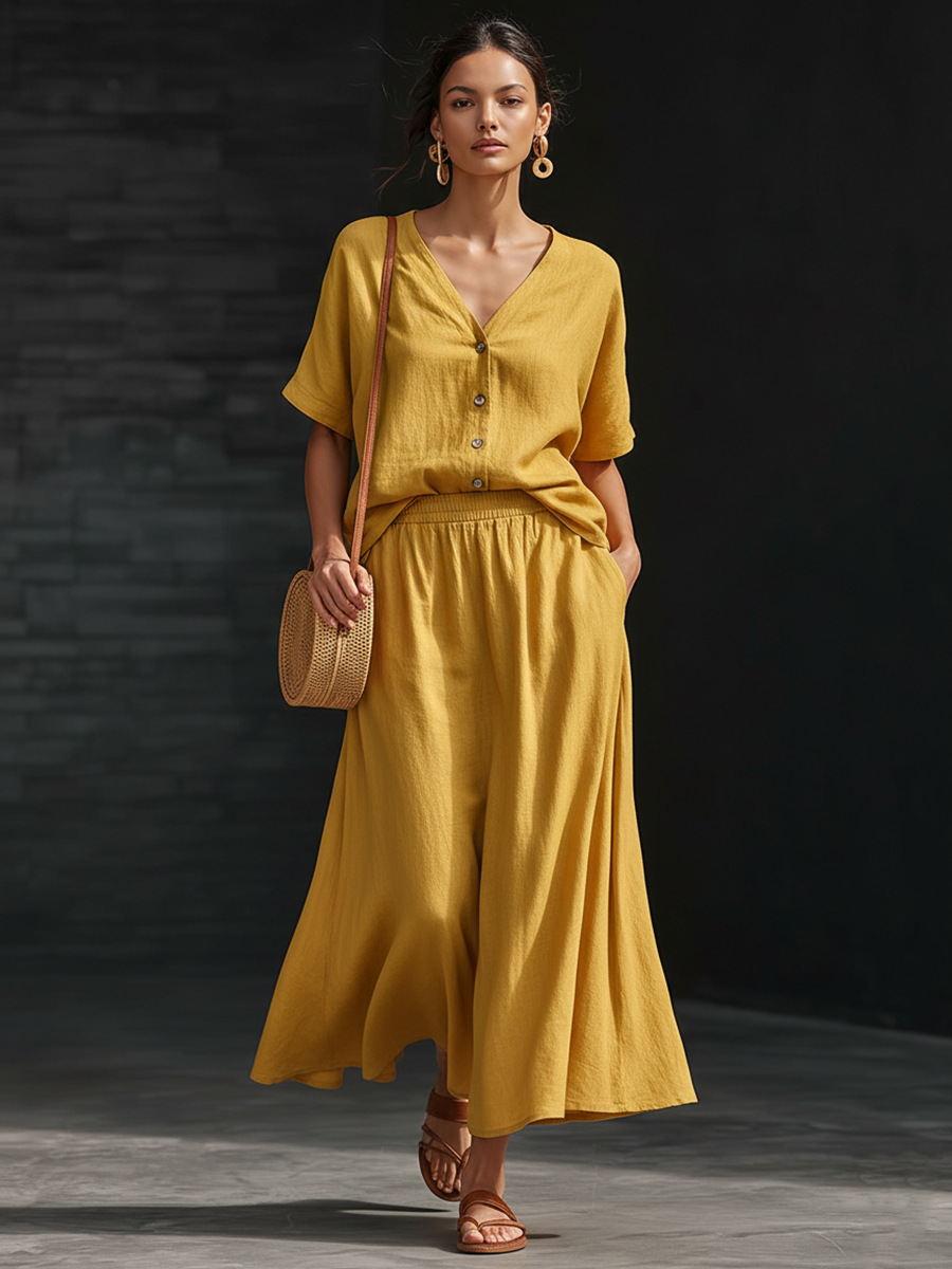 Cotton-linen V-neck Button-up Short-sleeve Top And Skirt Set - Image 15