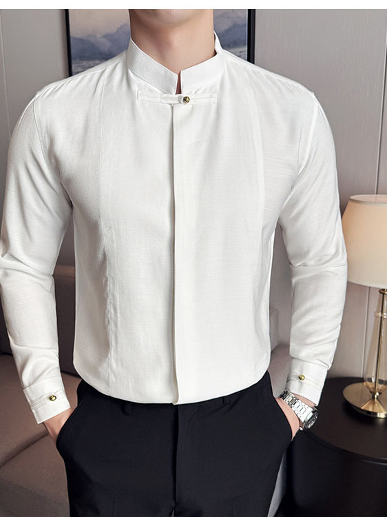 Men's Solid Color Stand Collar Long-sleeved Shirt - Image 6