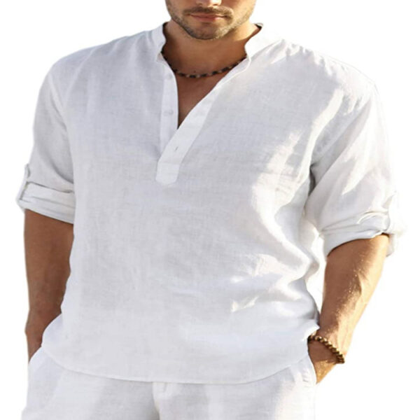 Men's Casual Cotton Linen Solid Color Long Sleeve Shirt Loose Stand Collar - Image 2