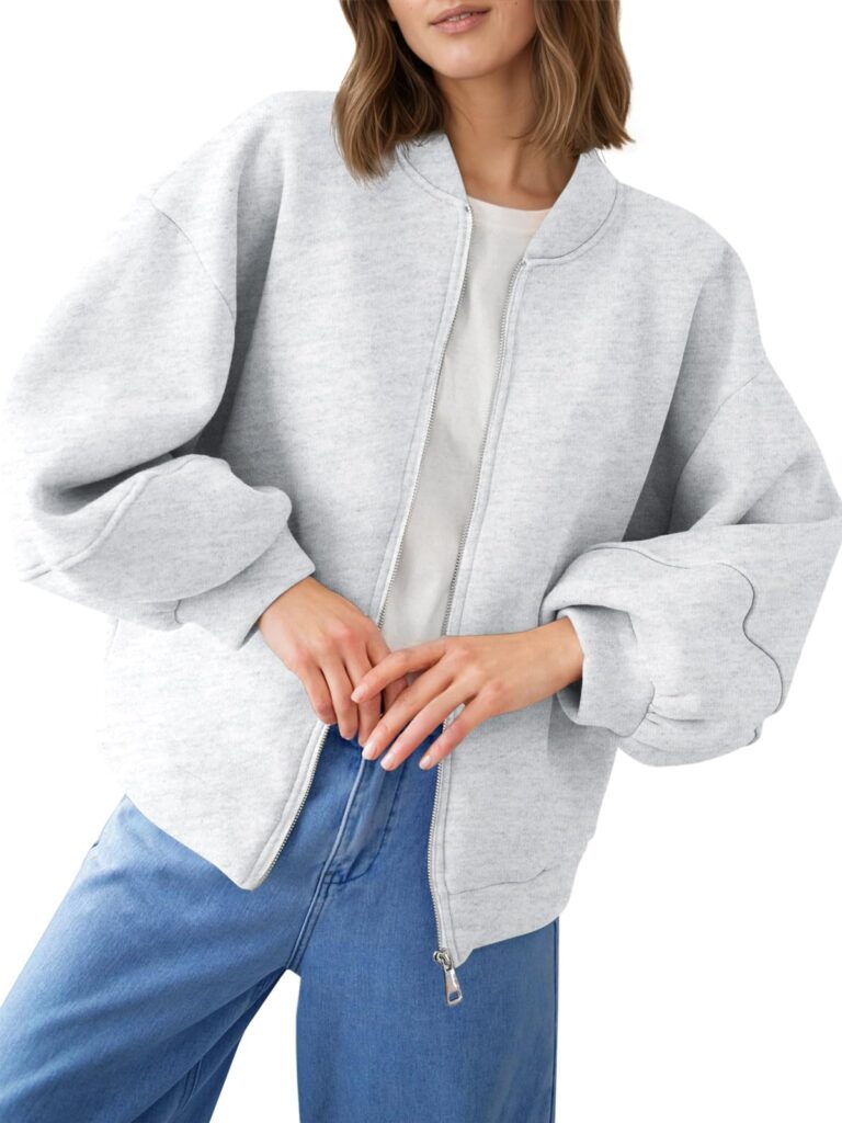 Fisoew Womens Zip Up Sweatshirt Casual Bomber Jacket Lantern Sleeve Oversized Jacket Fall Outfits 2025
