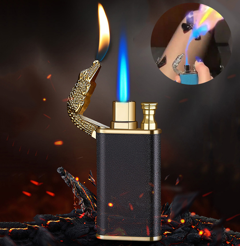 Creative Blue Flame Lighter Dolphin Dragon Tiger Double Fire Metal Winproof Lighter Inflatable Lighter - Image 1