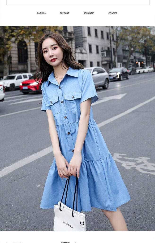 Single-breasted Pocketed Short-sleeve Denim Dress