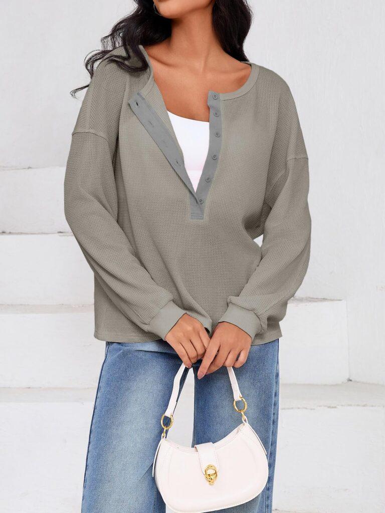 Fisoew Womens Cropped Sweatshirt Casual Waffle Knit Button V Neck Long Sleeve Loose Fit Fall Crop Tops