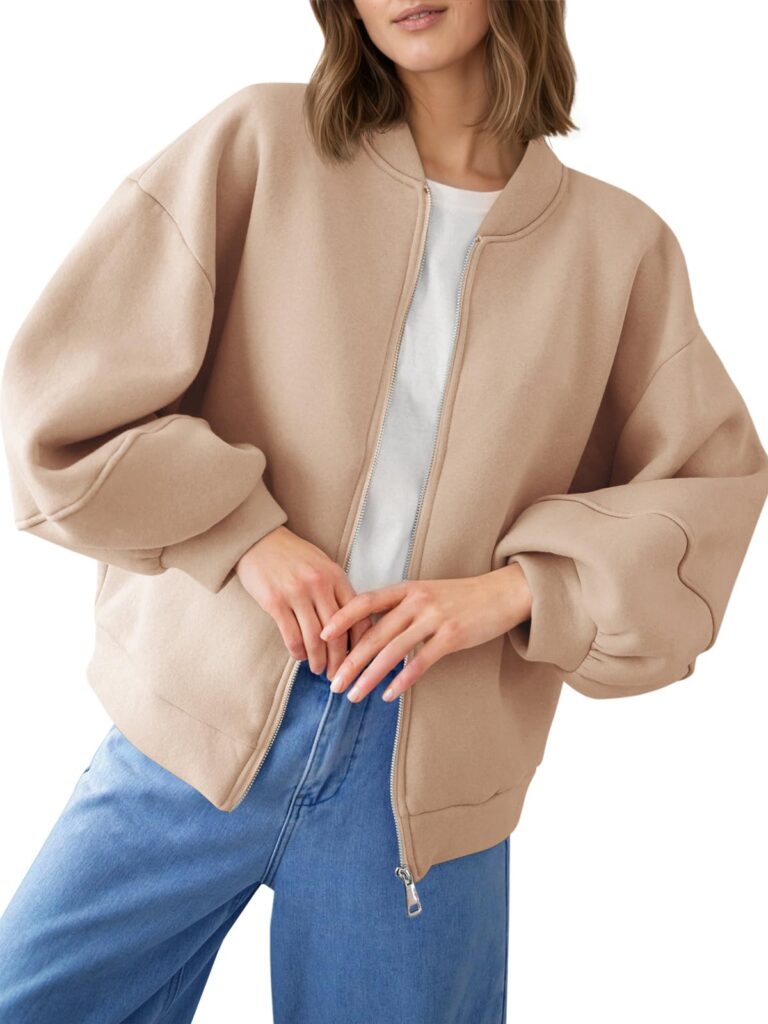 Fisoew Womens Zip Up Sweatshirt Casual Bomber Jacket Lantern Sleeve Oversized Jacket Fall Outfits 2025