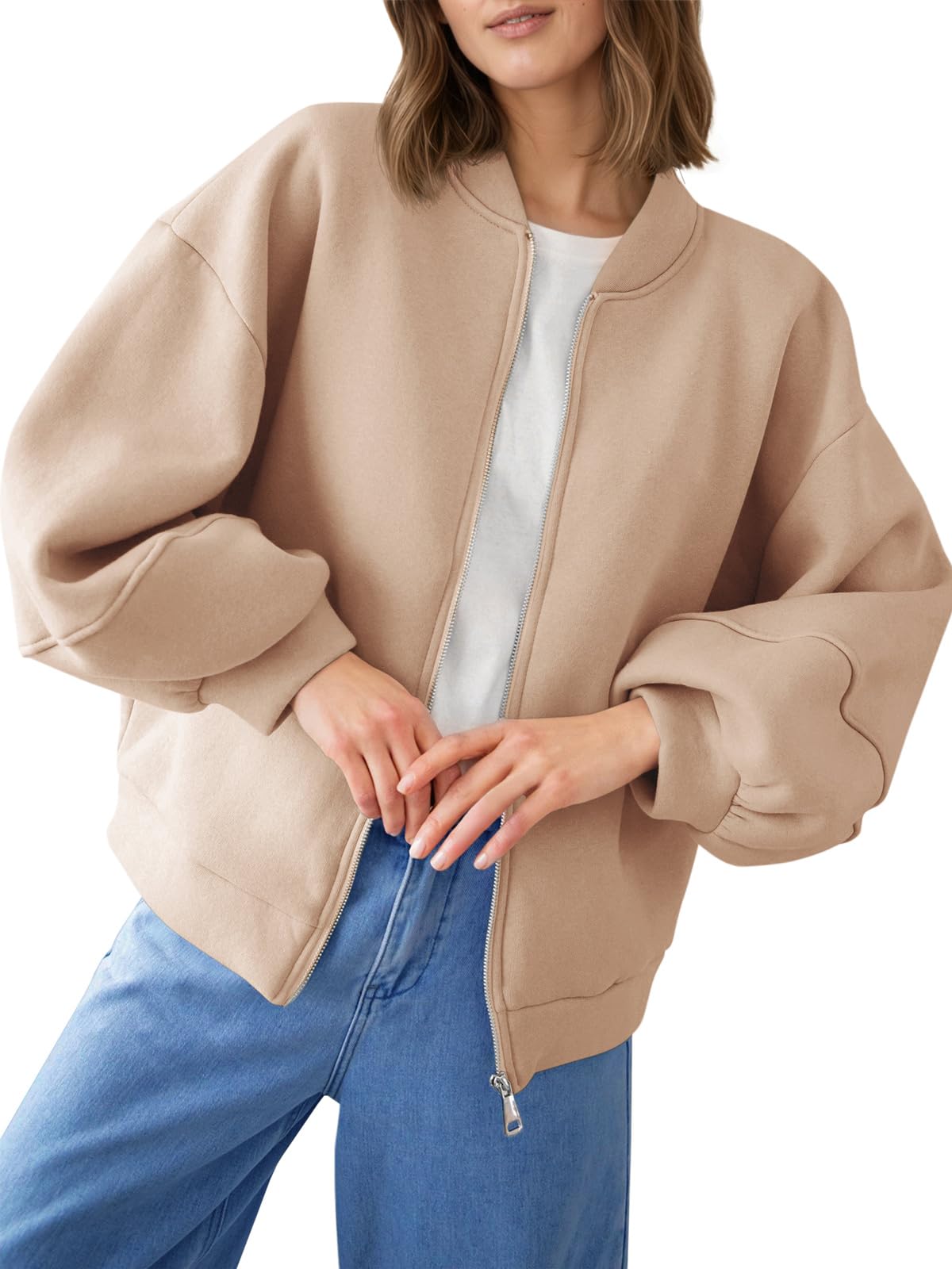 Fisoew Womens Zip Up Sweatshirt Casual Bomber Jacket Lantern Sleeve Oversized Jacket Fall Outfits 2025 - Image 34
