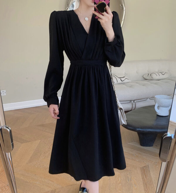 Elegant Long Sleeve V Neck Solid Color Dress - Image 8