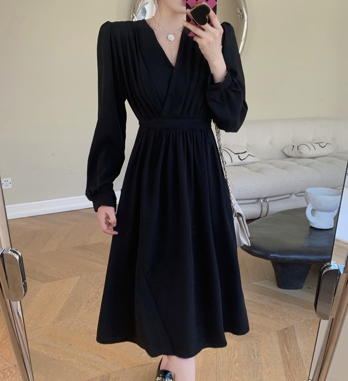 Elegant Long Sleeve V Neck Solid Color Dress - Image 8