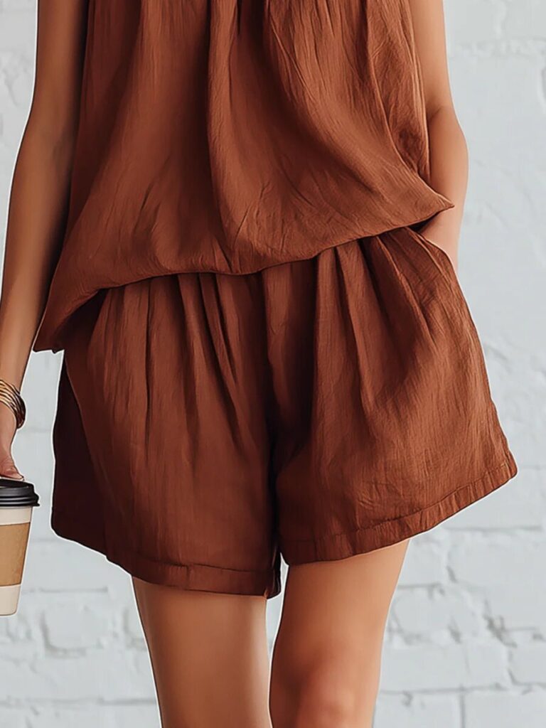 Womens Fashionable Retro Cotton-Linen Sleeveless Top And Wide-Leg Shorts Set