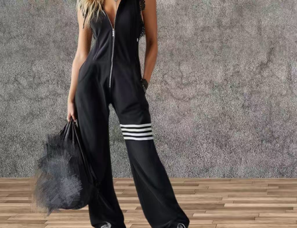 New Style Sporty Retro Lace Striped Sleeveless Hooded Jumpsuit - Image 5