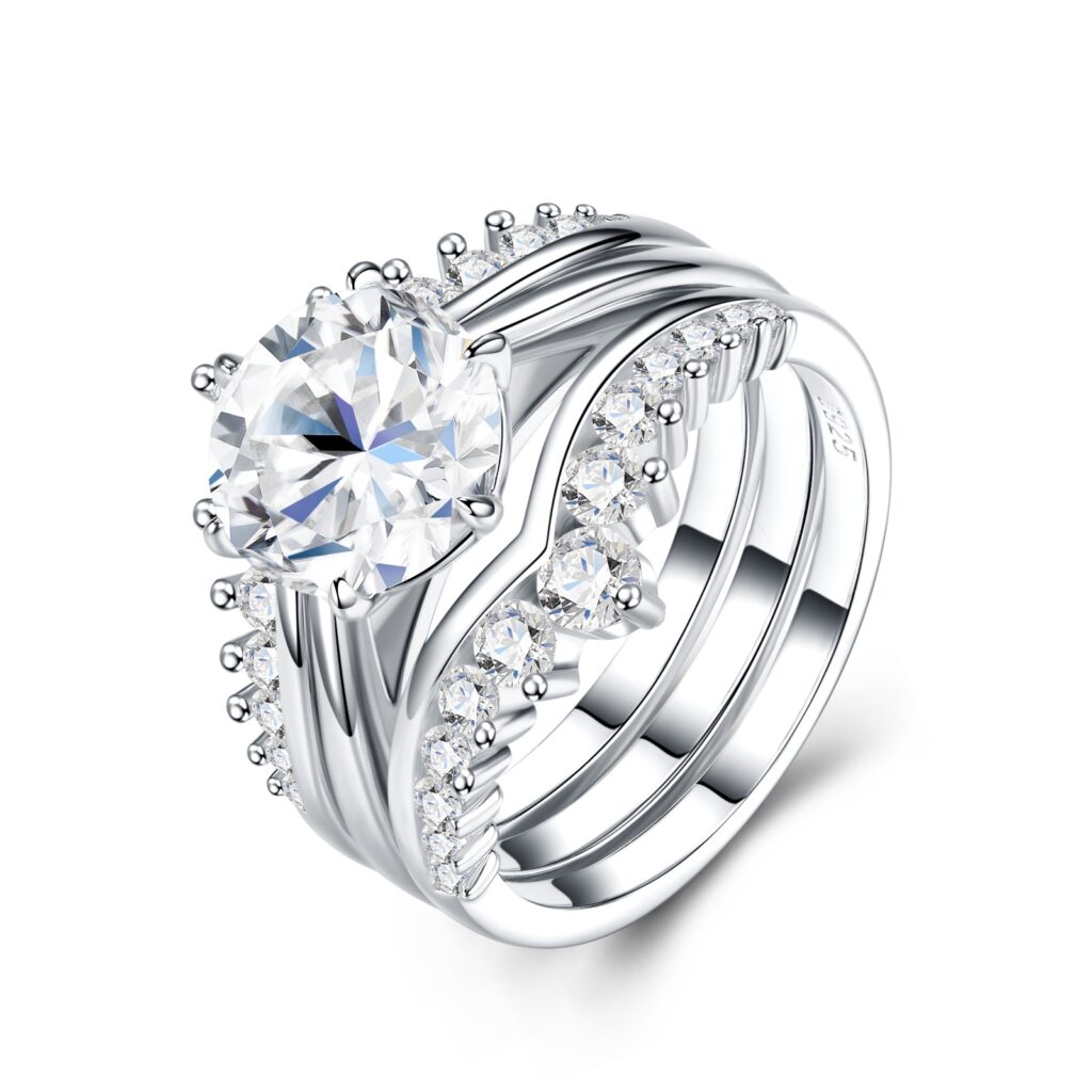 3-carat Luxury Fashion Minimalist Trend Jewelry Silver Ring Set With Top-quality Morganite. Made Of S925 Silver With Electroplated Platinum. For Ladies.