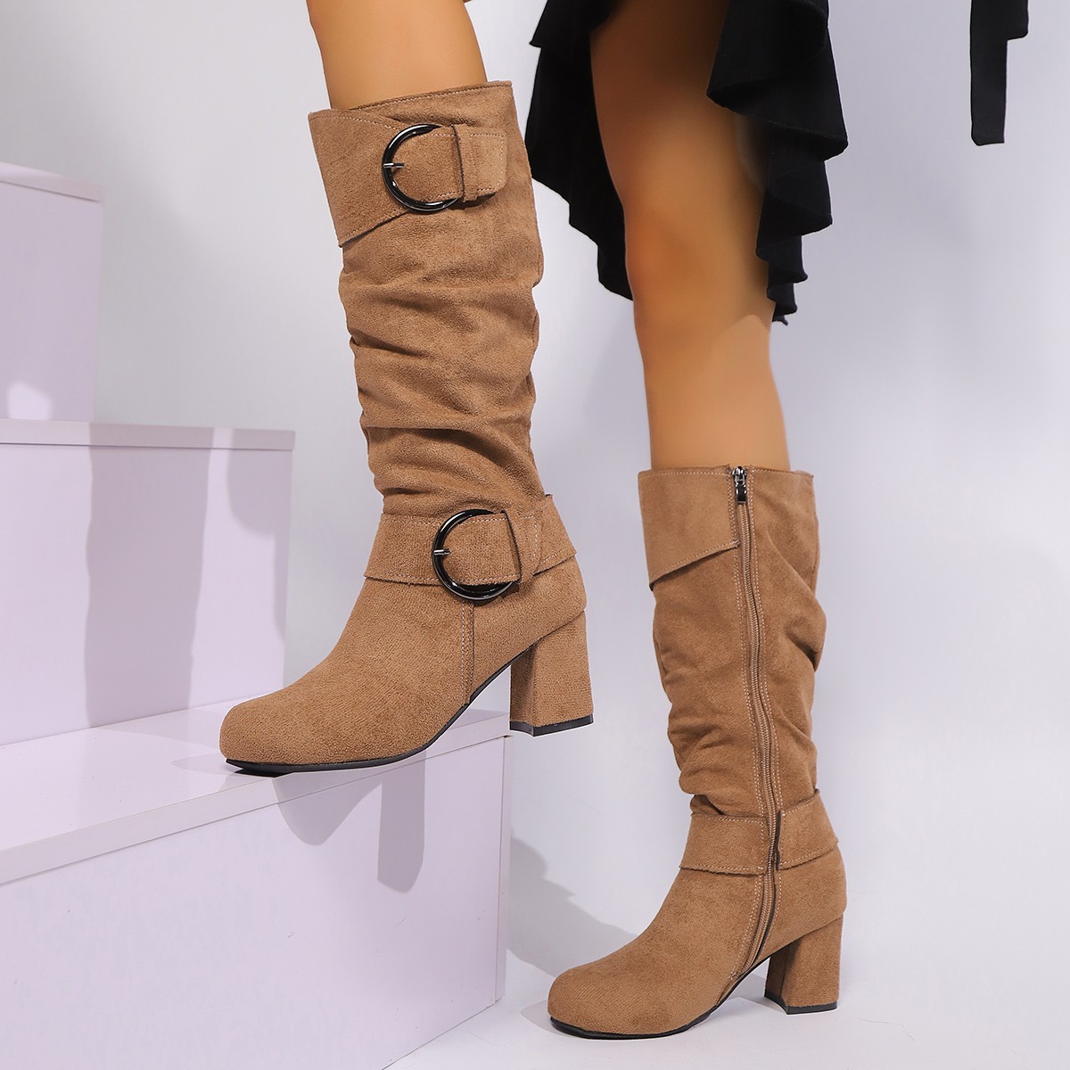 Suede High-heeled Chunky-heel Womens Boots With A Belt Buckle For Export - Image 1