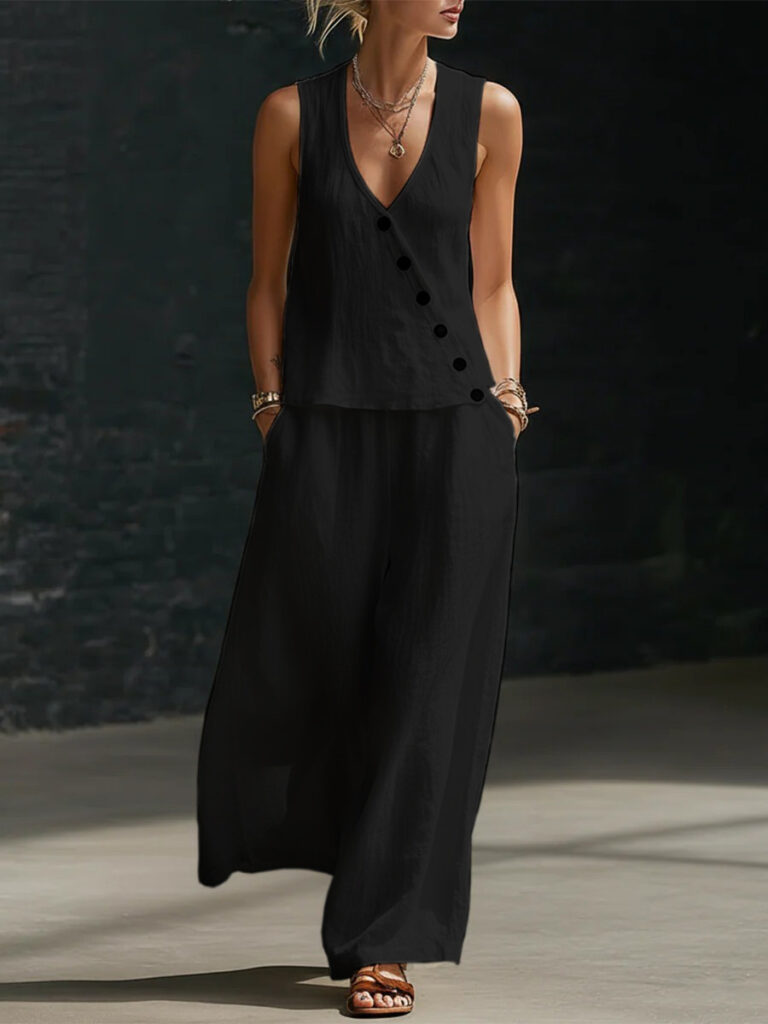 Sleeveless V-neck Button-up Top And Solid-color Pants Casual Set