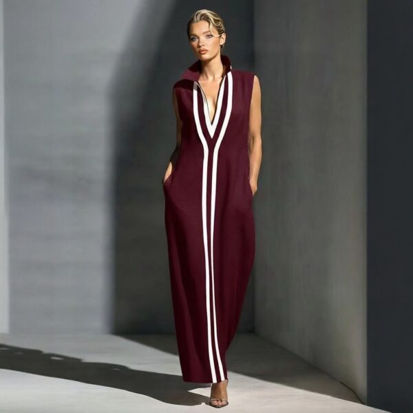 V-neck Sleeveless Contrast-striped Maxi Dress - Image 1