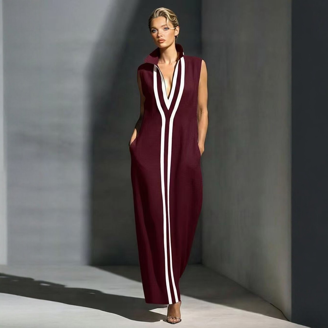 V-neck Sleeveless Contrast-striped Maxi Dress - Image 1