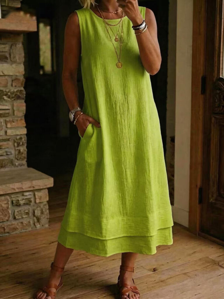 Women's Fashion Casual Cotton-Linen Crew-Neck Sleeveless Dress