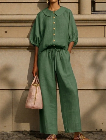 Fashionable Collar Shirt And Wide-Leg Pants Linen Two-Piece Set - Image 16