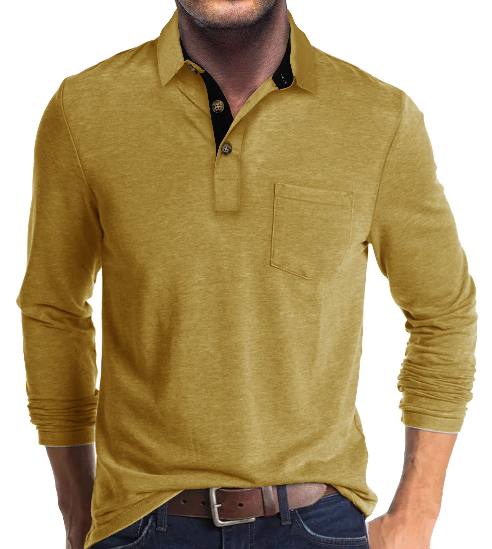 Mens Long-sleeve Lapel T-shirt Winter Base Layer Top - Image 63