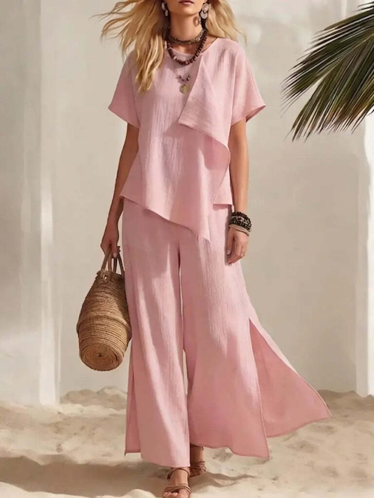 Casual Asymmetrical Short-sleeve Top And Slit Wide-leg Pants Set