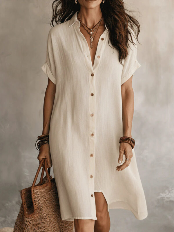 Women's Short-sleeve Buttoned Midi Shirt Dress - Image 4