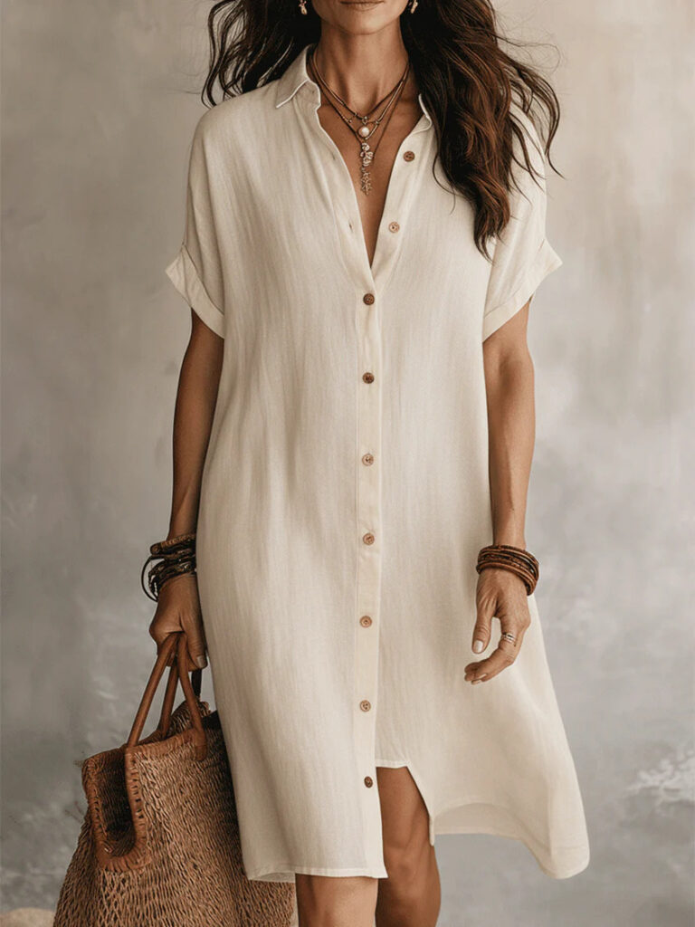 Women's Short-sleeve Buttoned Midi Shirt Dress