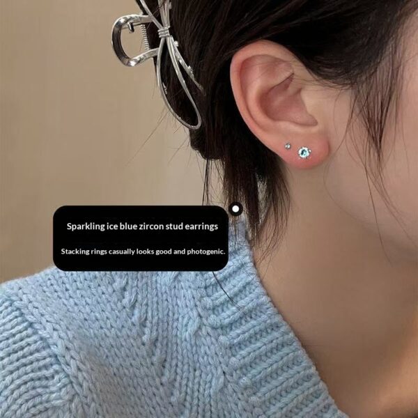 Titanium Steel Blue Zircon Four-Claw Threaded Earrings - Image 5