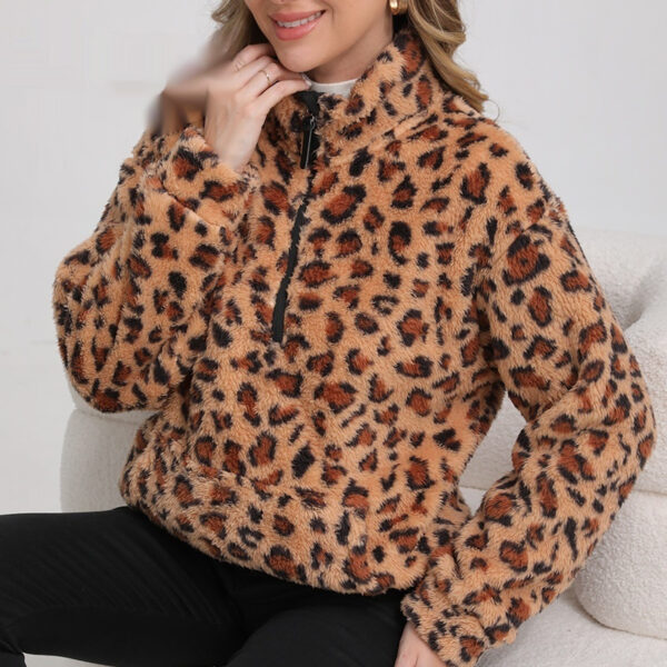 Fashionable Lambswool Fleece Leopard-Print Jacket Fleece Sweater Hoodie - Image 6