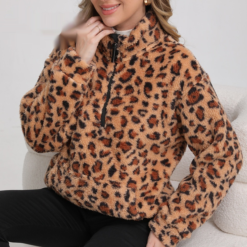 Fashionable Lambswool Fleece Leopard-Print Jacket Fleece Sweater Hoodie - Image 1