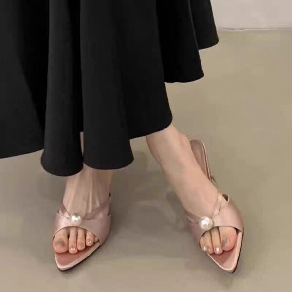Women's French Style Pearl Embellished Pointed Toe High Heel Mules, Thin Heel Slip-On Slides, New Spring & Summer 2025 Collection, Elegant Daily Wear - Image 2