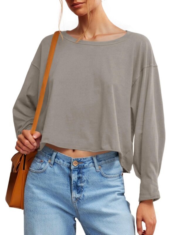 Fisoew Womens Long Sleeve Crop Tops Loose Fit Crew Neck Cropped T Shirts 2025 Casual Workout Tee Shirt Tops - Image 48