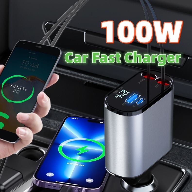 Metal Car Charger 100W Super Fast Charging Car Cigarette Lighter USB And TYPE-C Adapter - Image 1