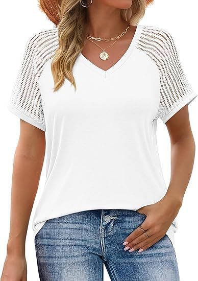 Loose-fitting Hollow-out Mesh Panel V-neck Short-sleeve Top - Image 7