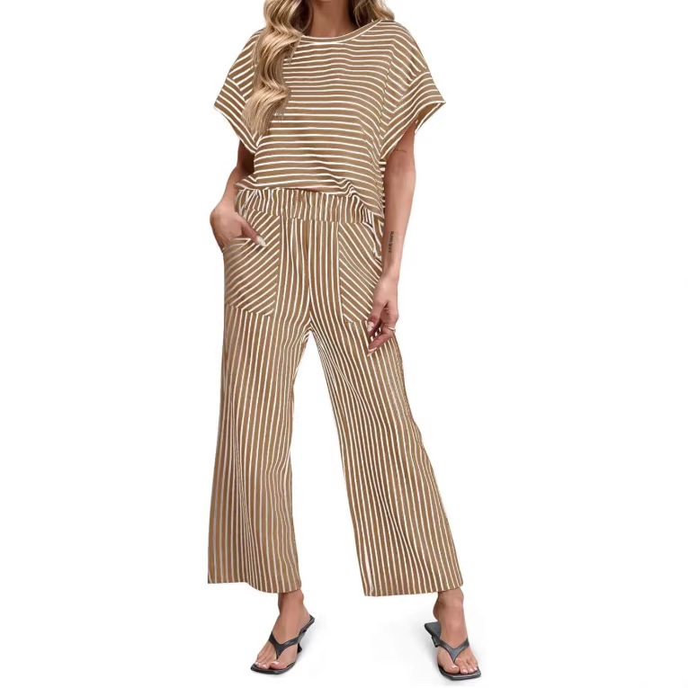 Womens Striped Short-Sleeve T-Shirt And Wide-Leg Pants Set With Pockets - Image 2