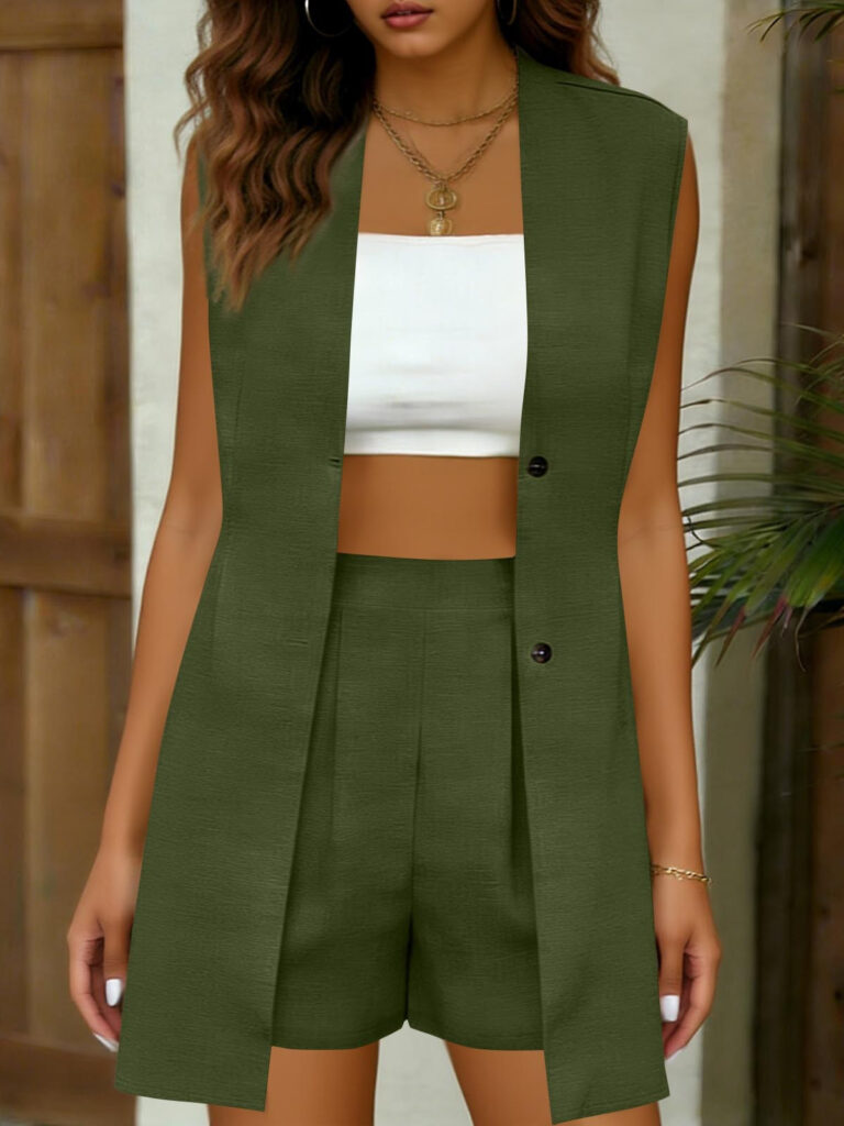 Elegant Commuter V-Neck Sleeveless Top Vest Jacket And Shorts Set