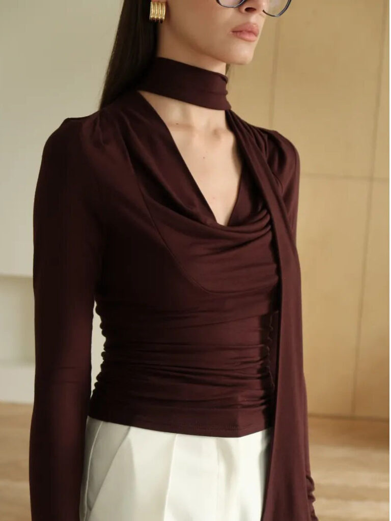 Ribbon V-neck Scarf Long-sleeved Base Shirt