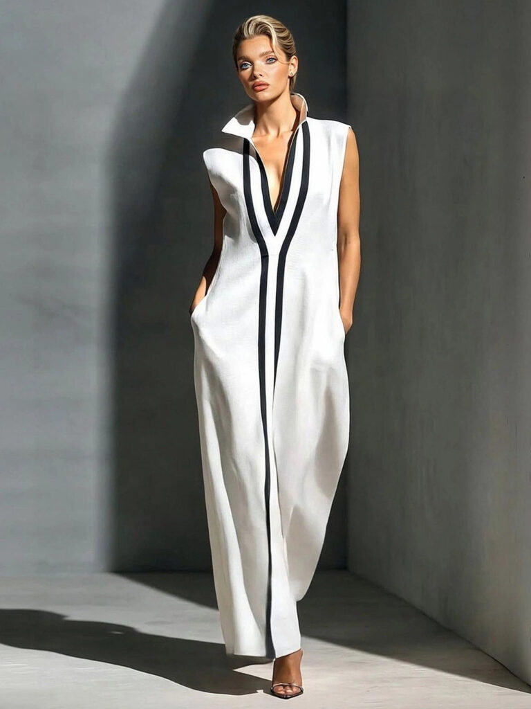 V-neck Sleeveless Contrast-striped Maxi Dress