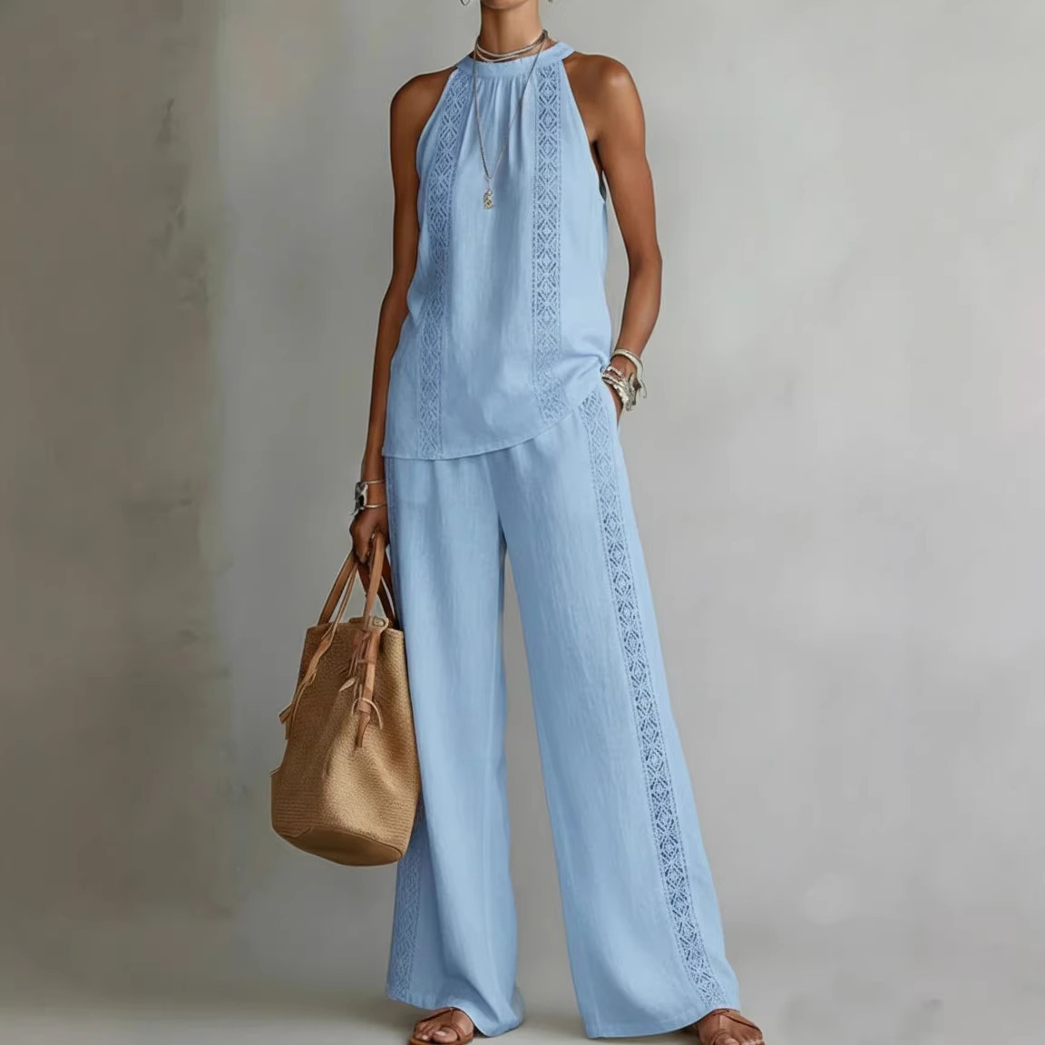 Womens Retro Lace Sleeveless Top And Wide-Leg Pants Two-Piece Set - Image 3