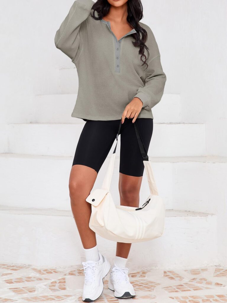 Fisoew Womens Cropped Sweatshirt Casual Waffle Knit Button V Neck Long Sleeve Loose Fit Fall Crop Tops