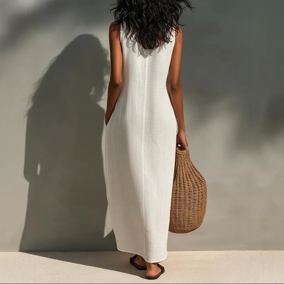 White Sleeveless Hollow-out V-Neck Long Loose Dress - Image 6