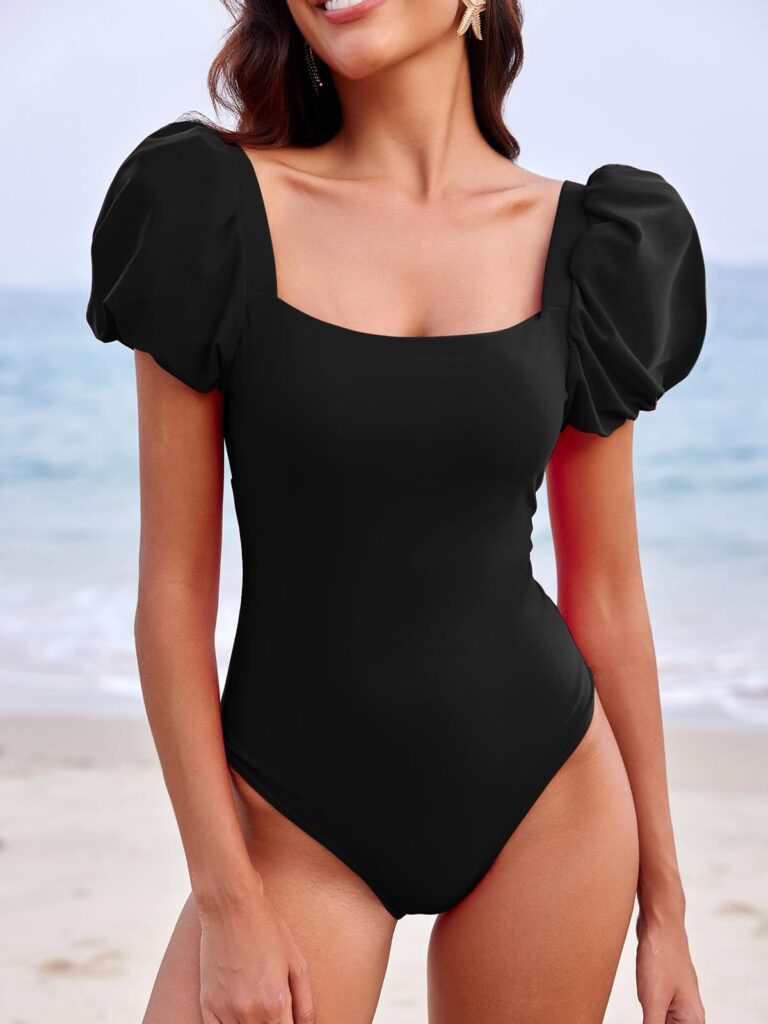 Saodimallsu Womens One Piece Swimsuit Short Puff Sleeve Square Neck Sexy Backless Tummy Control Bathing Suit