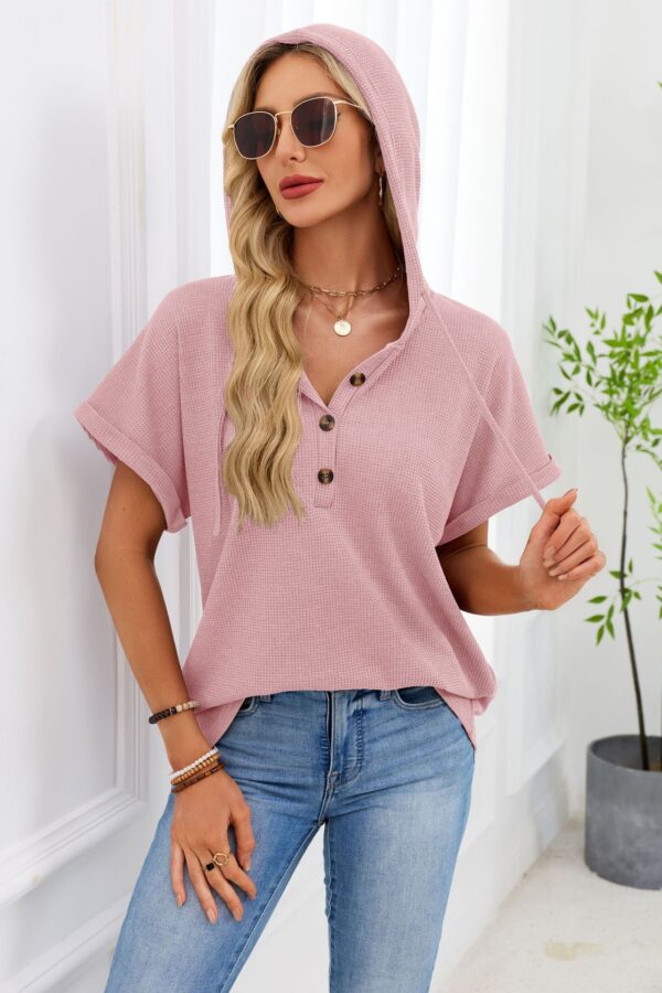 Womens Waffle-Weave Hooded Drawstring Short-Sleeve Top With Buttons - Image 13
