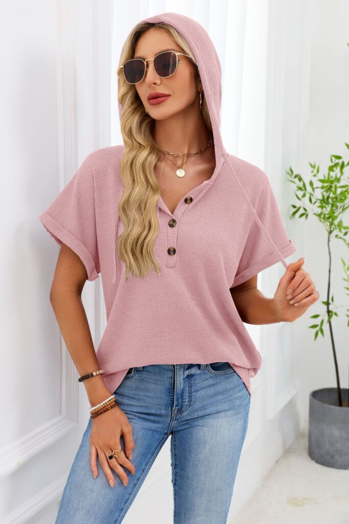 Womens Waffle-Weave Hooded Drawstring Short-Sleeve Top With Buttons