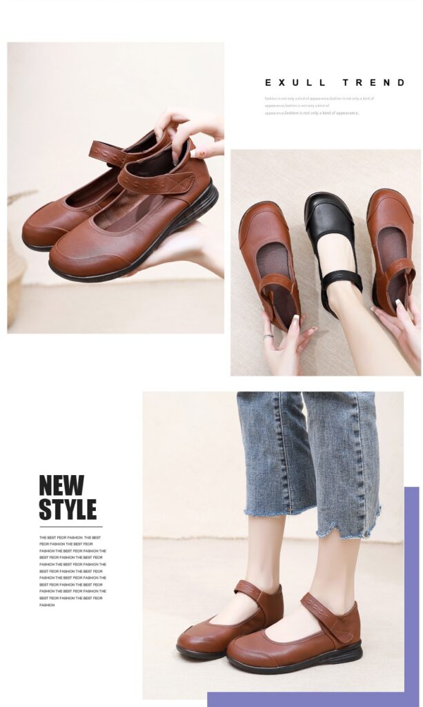 Genuine Leather Single-Strap Velcro Closure Plus-Size Round-Toe Flat Shoes