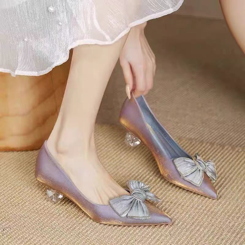 French Style Pointed Toe Chunky Mid-heel Single Shoes With Bow Detail, Fabric Upper, Design-oriented Niche Temperament Celebrity Style Dress Matching Pumps - Image 16
