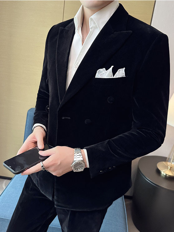 Men's Peak Lapel Double-breasted Velvet Two-piece Suit - Image 2