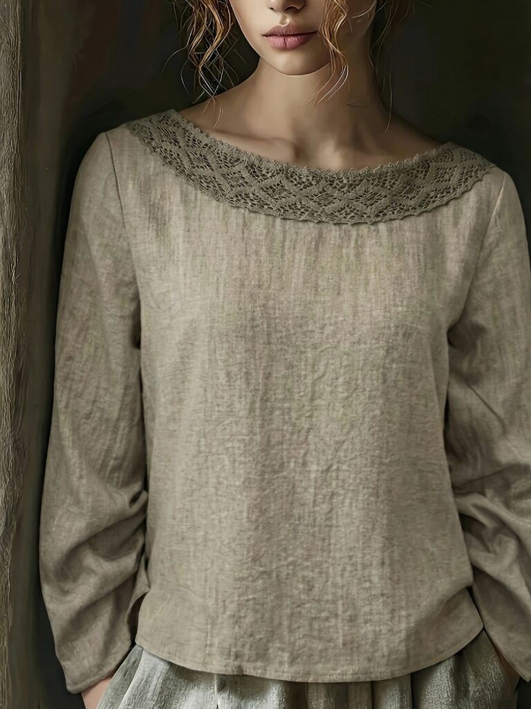 Lace-trimmed Patchwork Artistic Vintage Laid-back Style Loose Boat-neck Long-sleeve Top